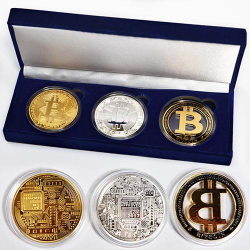 3 bitcoin coin set in blue velvet box
