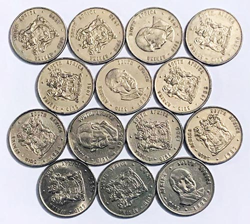 1977-1990 South Africa Springbok R1 one rand nickel coins